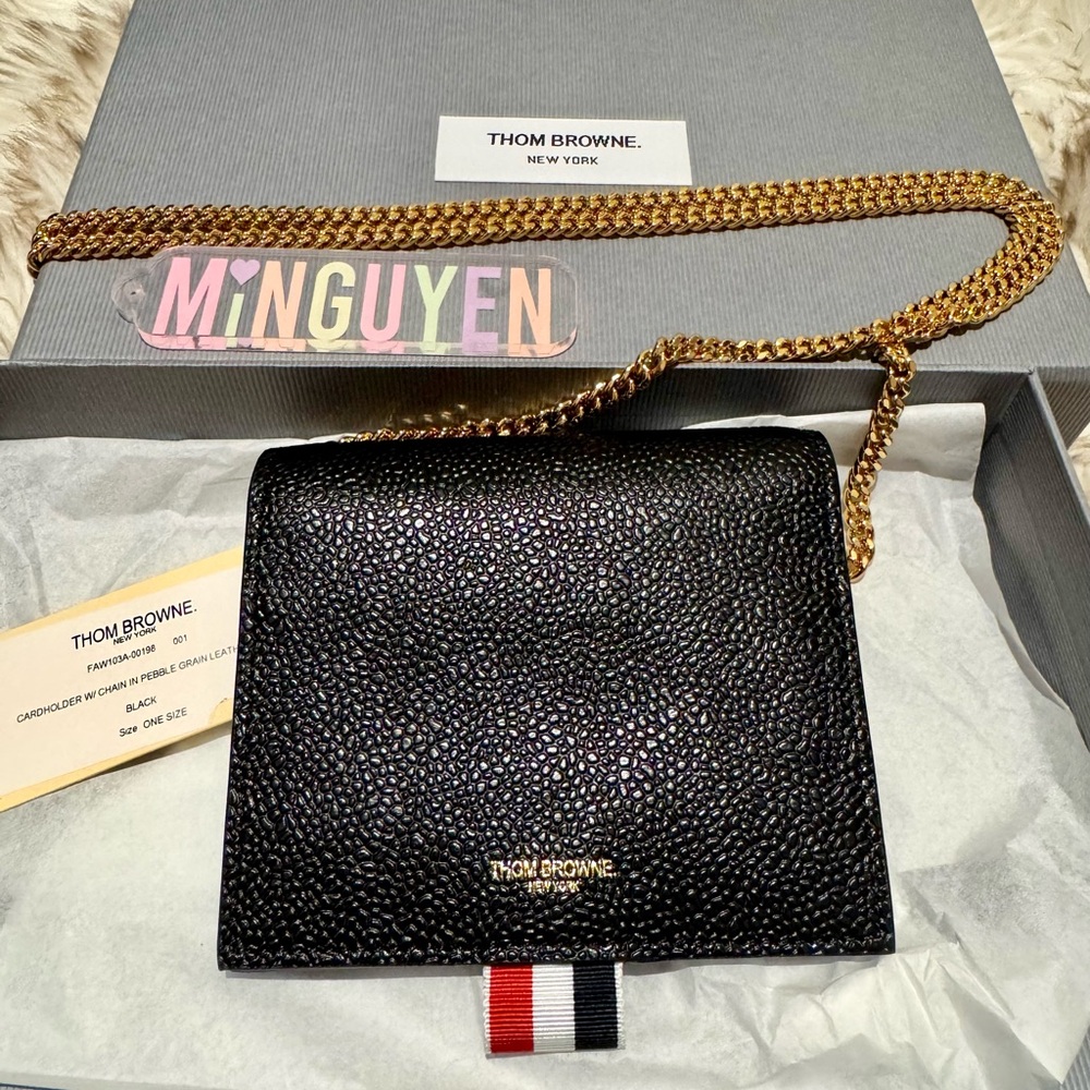 Thom Browne Black Pebbled Leather Crossbody Card Holder Wallet